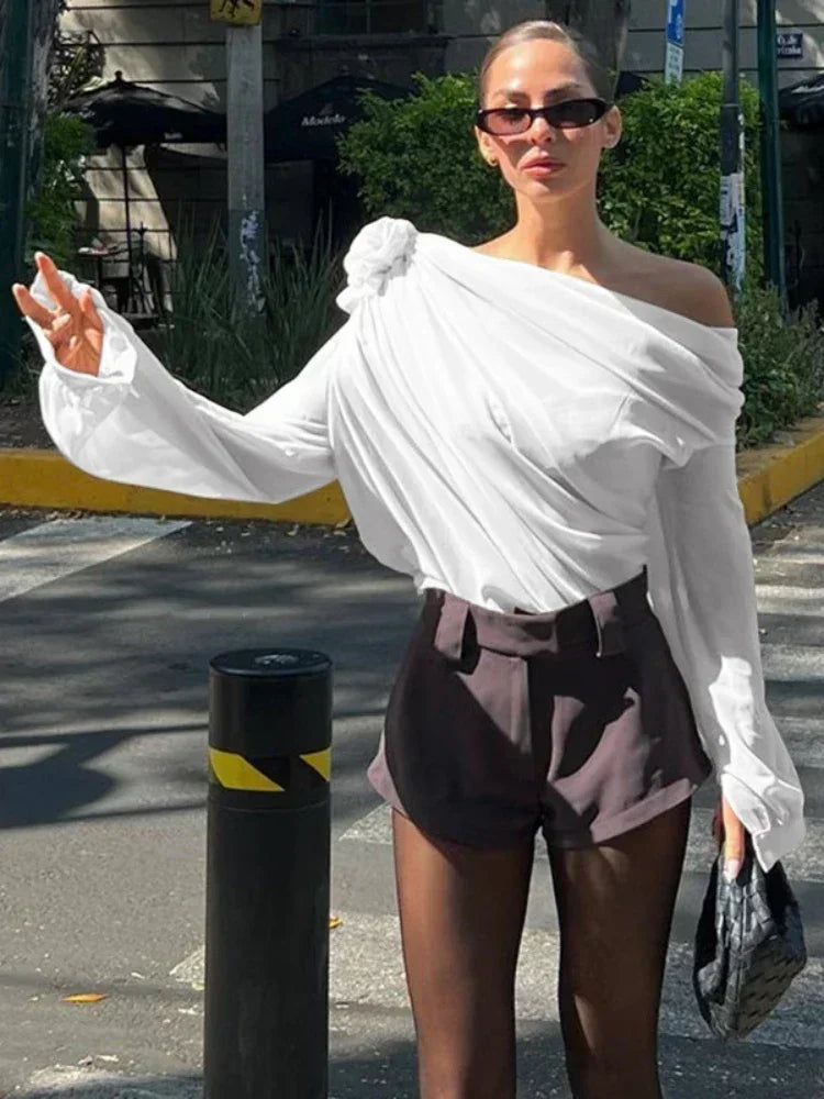 One Shoulder Pleated Asymmetrical Shirt/Long Collar Sleeve ed/Elegant Tops/Blouse Shirts Female 3D Flower Shirts Corset Top.