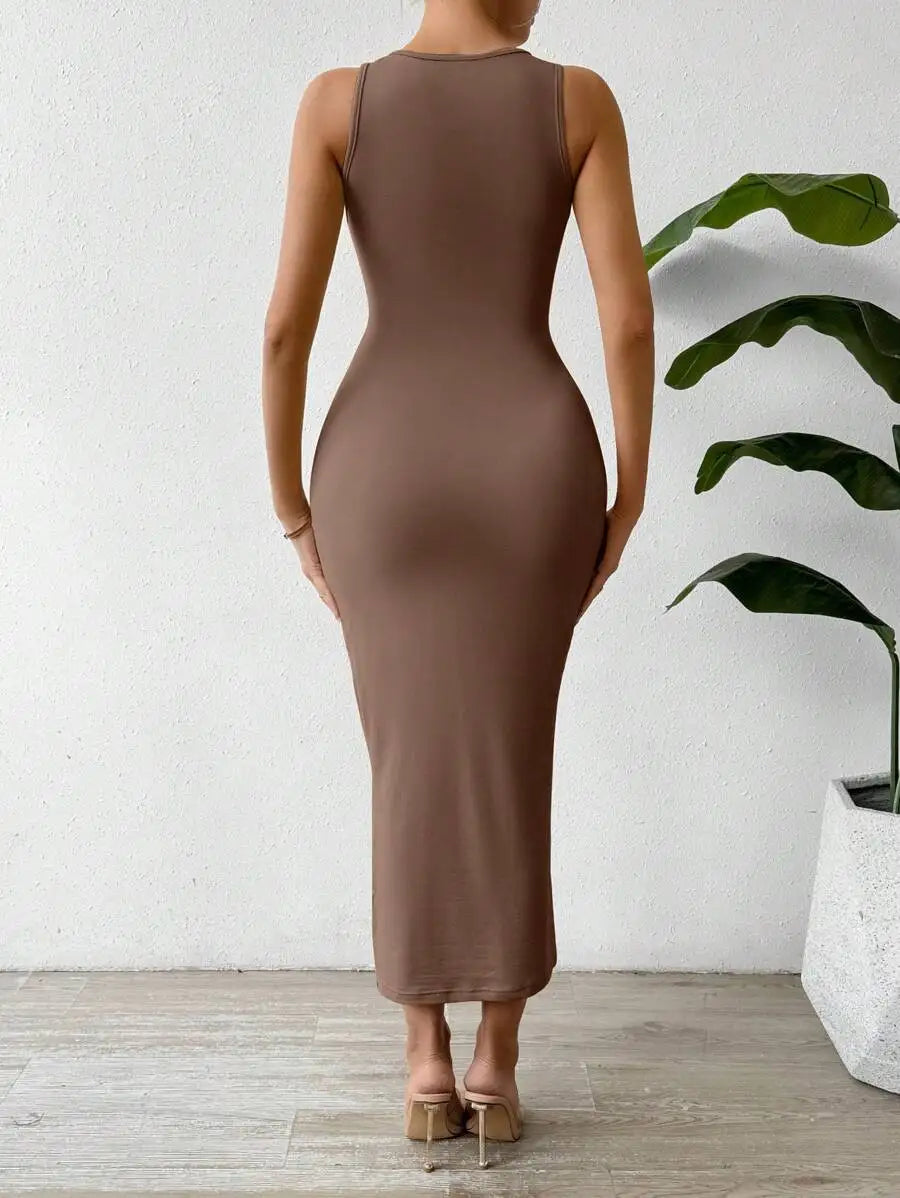 Modern Blend Boutique | Sculpted Suede Midi Dress – High Neck Bodycon Waist Cinch Elegant Minimalist Dress (3 Color Set Available, In packs)