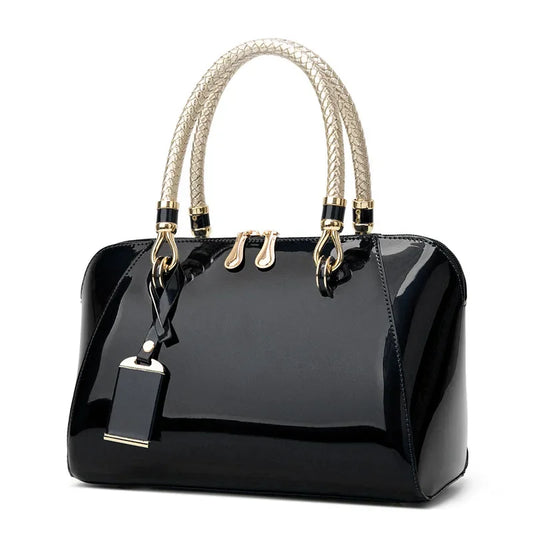 Luxury Pink Patent Leather Handbag – Glossy Top Handle Tote with Gold Hardware | Modern Blend Boutique