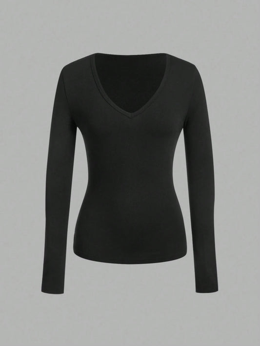 Long-Sleeve V-Neck Fitted Top – Soft Stretch Everyday Essential