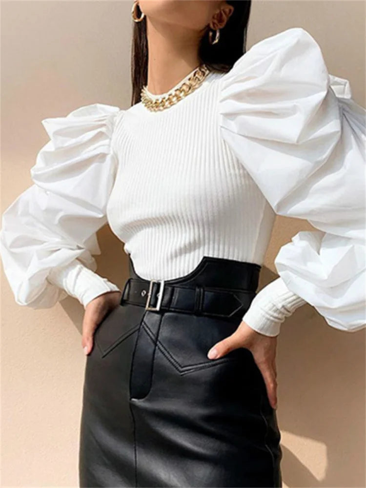 Breathable Puffed Sleeve Blouse/Solid Colored Hirigin OL Long Pullover Blouse.
