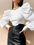 Breathable Puffed Sleeve Blouse/Solid Colored Hirigin OL Long Pullover Blouse.