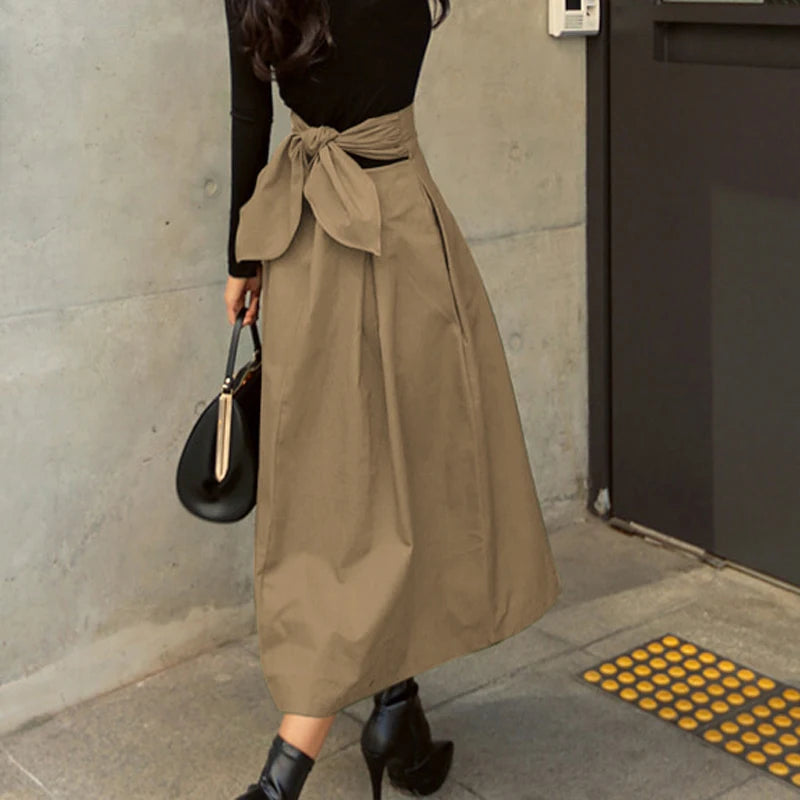 Fashion Patterned A~Line Skirt/Solid Color Swing Pleated Skirt/Long Wild High Waist Bow Slim Midi Skirts.