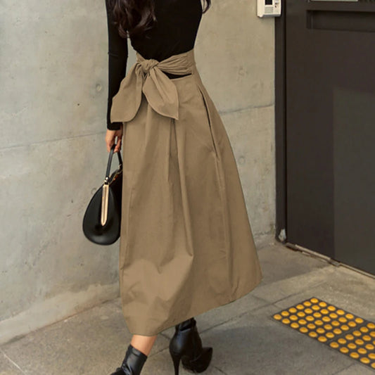 Fashion Patterned A~Line Skirt/Solid Color Swing Pleated Skirt/Long Wild High Waist Bow Slim Midi Skirts.