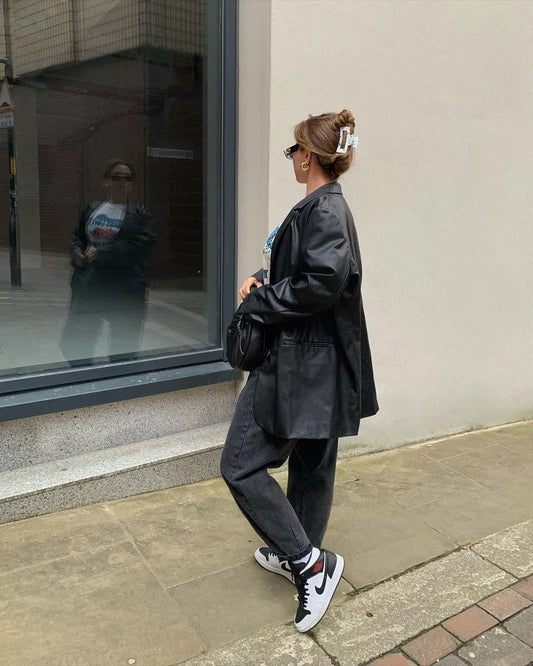 Women’s Oversized Vegan Leather Blazer – Single Breasted Faux Leather Jacket with Pockets