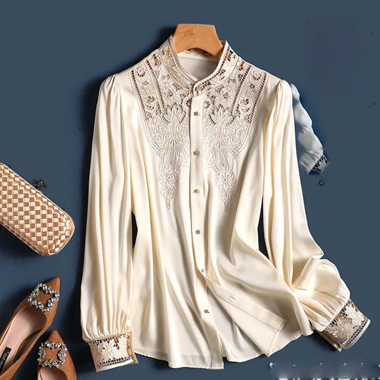 Embroidery Hollow Out  Fashion Blouse/ Long Sleeved Flora Designed Blouse/Opened Stitched Buttoned Shirt.