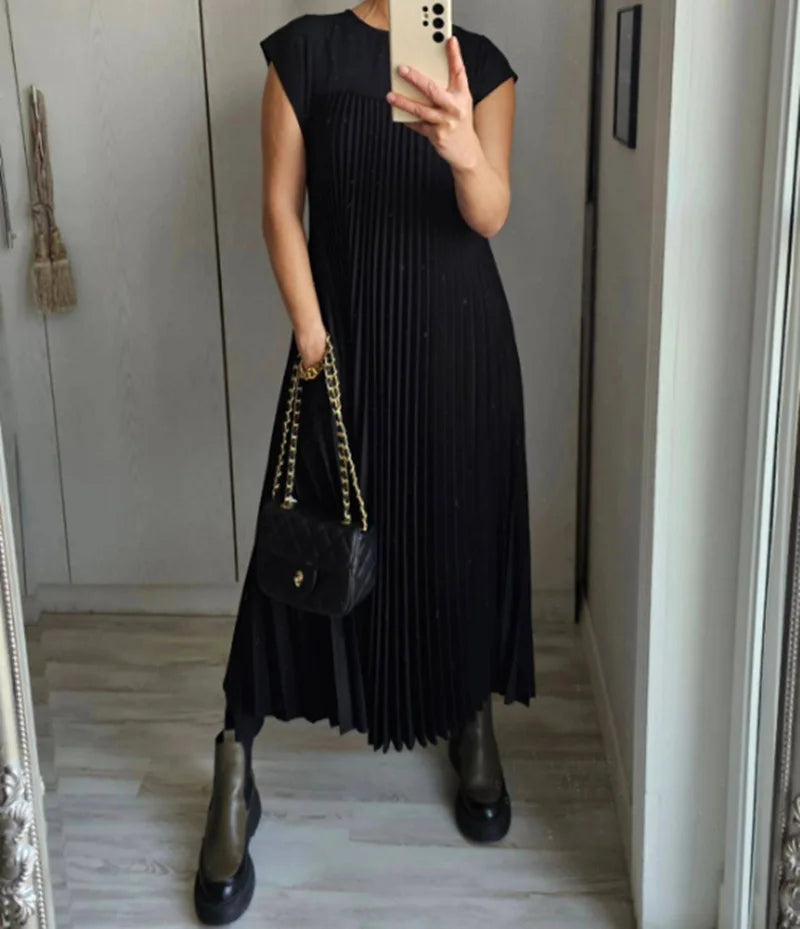 Solid Vintage Loose Pullover/High Waist Dress/Large Hem Long Dress/Fashionable Round Neck Sleeveless Pleated  Mid Calf Women's Dress Femme.