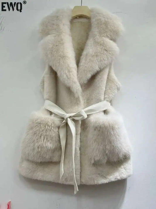 Puffy European Sleeveless Waist Cost Lace-up Design Long Fur Waistcoats/Thick And Warm Women Winter V~Neck Vest.