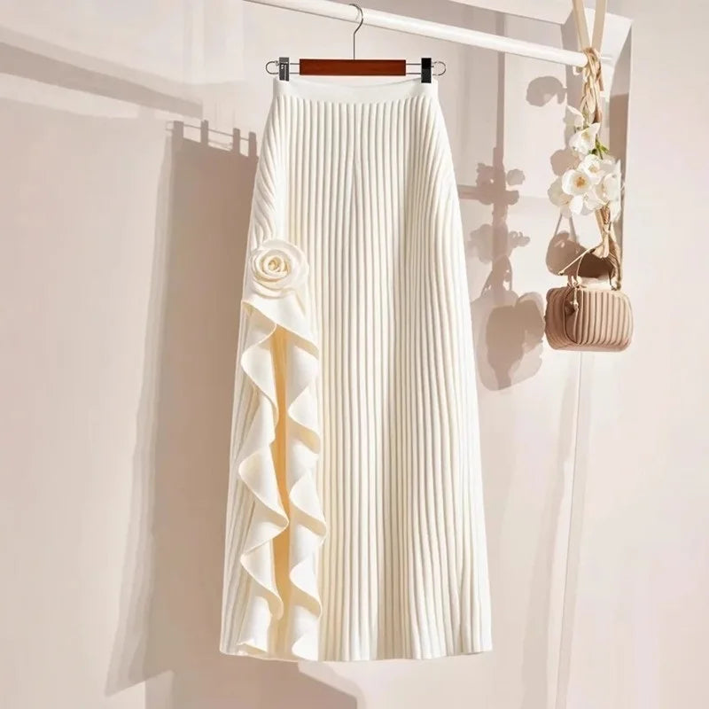 Solid Autumn Winter Skirt/Women/Elastic High Waist A-line Pleated Skirt Midi Skirt Female Elegant Skirts/Med Stretched.