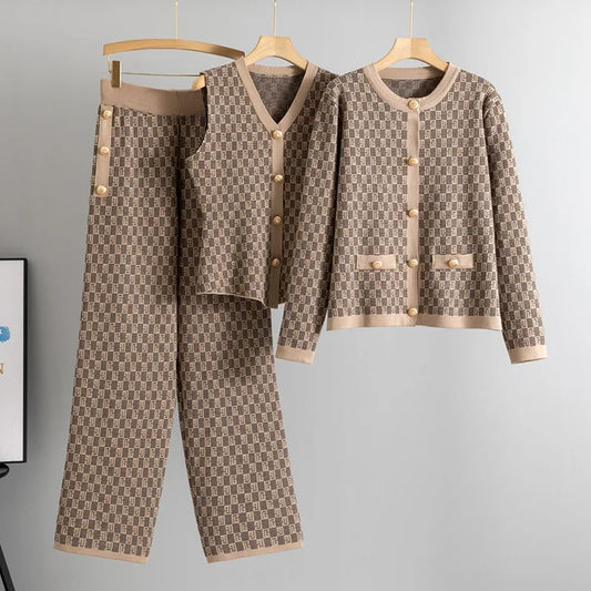 Women’s Elegant Knit Cardigan, Sleeveless Vest & Wide-Leg Trousers Set | Classic Geometric Pattern | Sophisticated Office & Casual Wear
