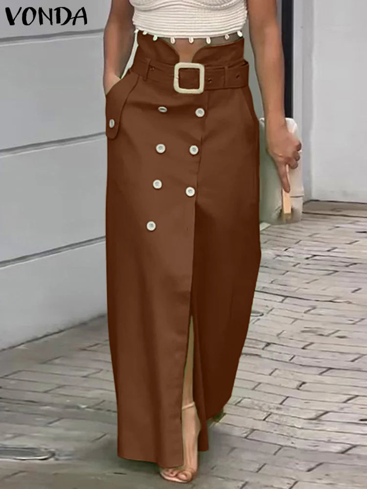 VONDA Button up Midi Skirt/Casual Waistband Button Design Slit Long Overskirts Solid Color Office Lady Bottoms.