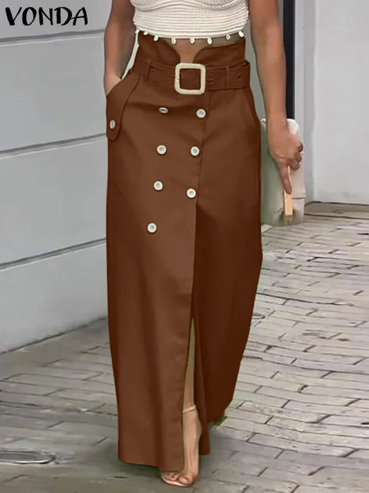 VONDA Button up Midi Skirt/Casual Waistband Button Design Slit Long Overskirts Solid Color Office Lady Bottoms.