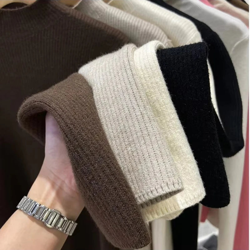 Solid Neck FleeceTurtleneck/Winter Sweater Women Elegant/Thicken Velvet Lined Warm Sueter Knitwear Jumper.