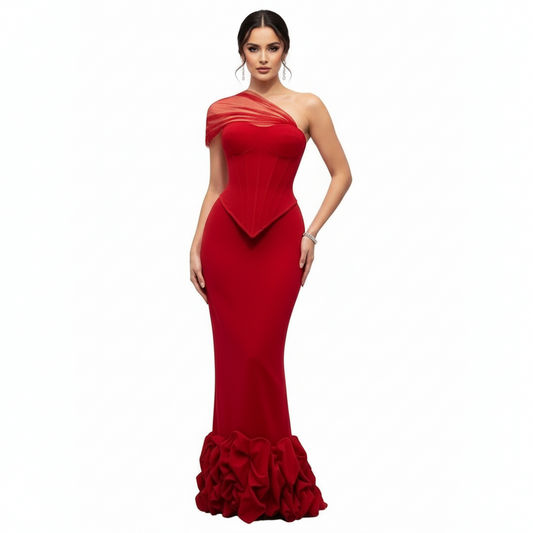 Elegant Mermaid Chic Dress/Lady With Fishbone Shoulder/Red Evening Dresses/Ankle Length Exquisite Style/Special Occasions Prom Dresses Customized.