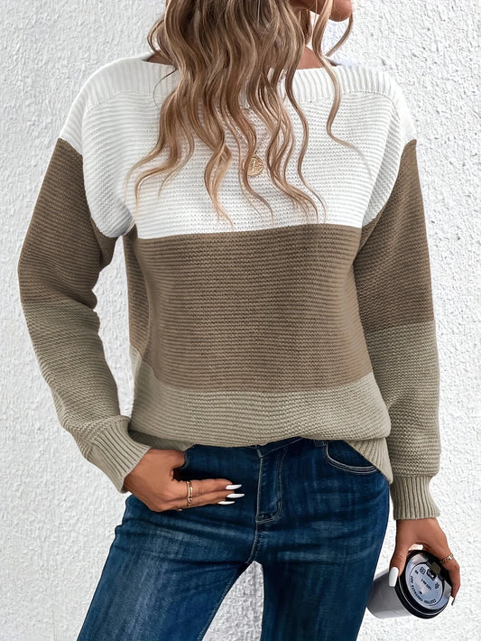 Three-Colored Patchwork Sweater/Casual Loose Jumper Wear/Female Autumn Winter Knitted Thickened Warm Tops.