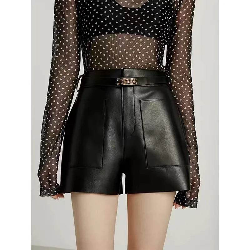 Real Sheepskin Leather Shorts for Women – 2026 New Arrival Casual Genuine Leather Shorts with White Belt, High-Quality Sheepskin, Versatile Summer & Street Style