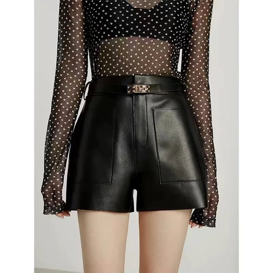 Real Sheepskin Leather Shorts for Women – 2026 New Arrival Casual Genuine Leather Shorts with White Belt, High-Quality Sheepskin, Versatile Summer & Street Style