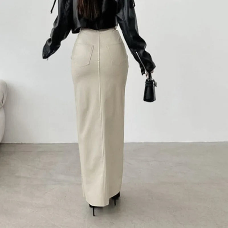 Luxury High-Waist Faux Leather Midi Skirt with Front Slit – Elegant Tailored Fit