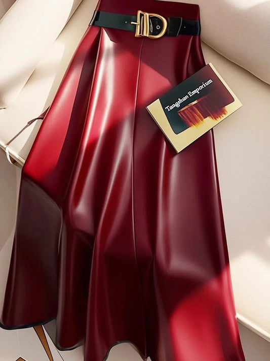 Burgundy Faux Leather A-Line Midi Skirt with Belt – Elegant High-Waist Vegan Leather Skirt