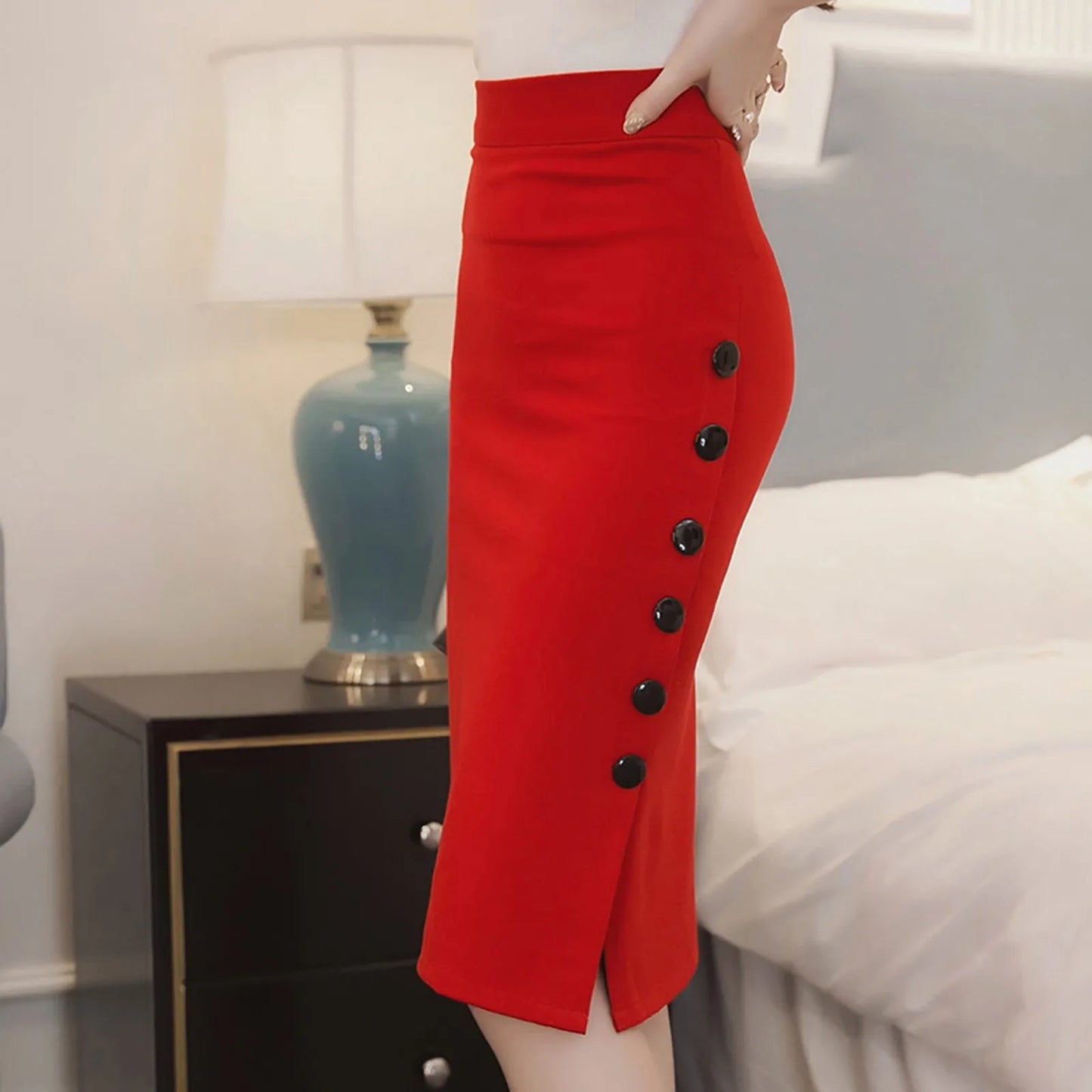 Elegant High Waist Fitted Skirt/Slit Pencil/Stretch Midi Skirts/Knee Length Fitted Skirt/Broadcloth Material.