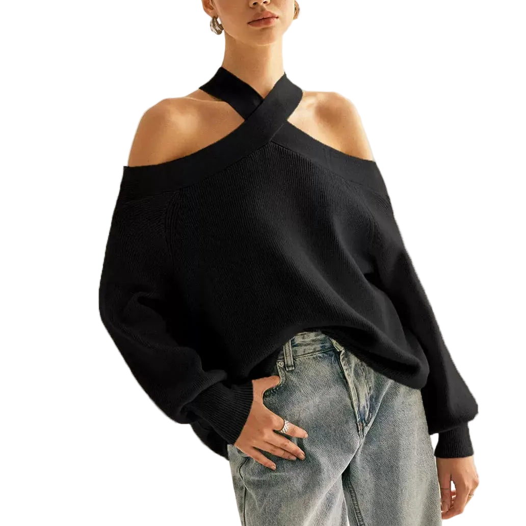 Loose fitted/Cross-Over Collar Cold-Shoulder Sweater/Off Shoulder Sweater/Loose Solid Color Halter Neck Long Sleeve Pullover Knitted Tops Casual Winter Fall Clothes.
