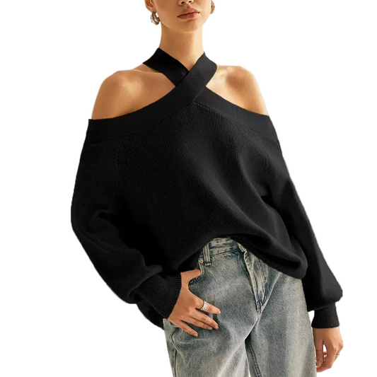 Loose fitted/Cross-Over Collar Cold-Shoulder Sweater/Off Shoulder Sweater/Loose Solid Color Halter Neck Long Sleeve Pullover Knitted Tops Casual Winter Fall Clothes.