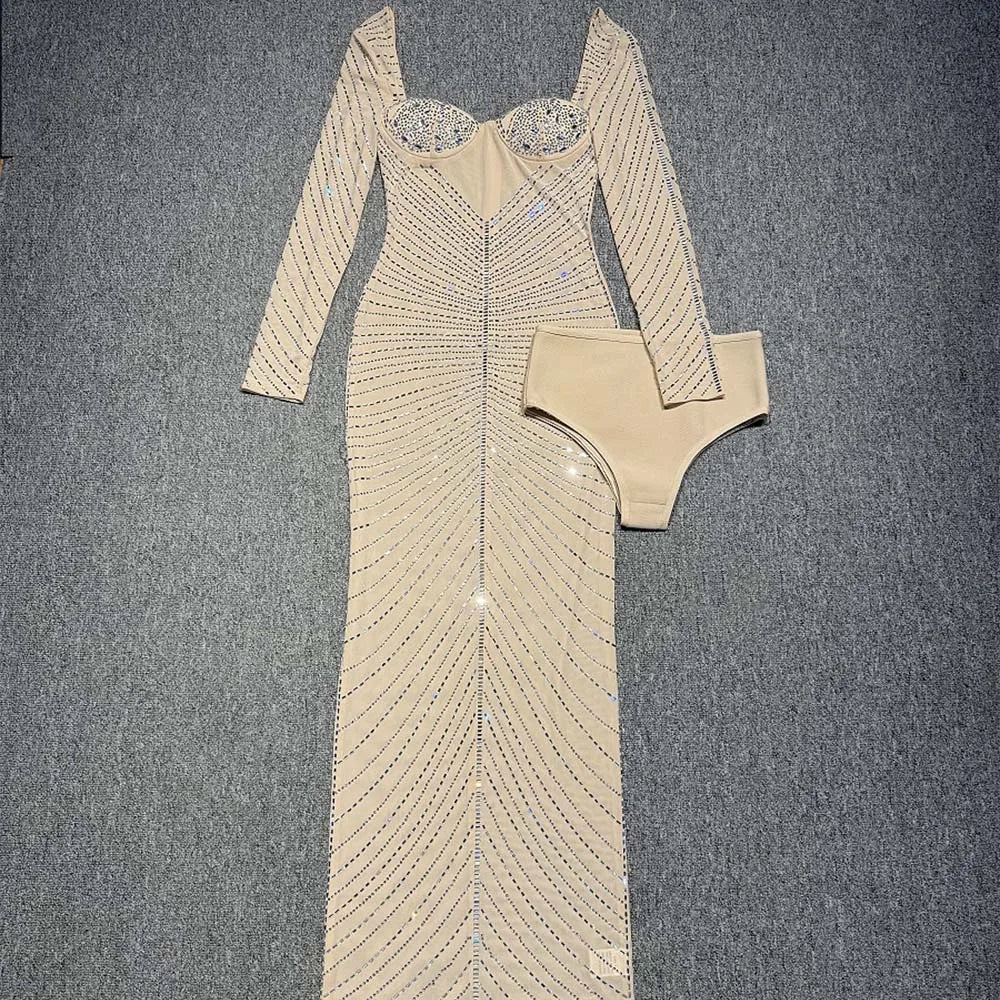 Elegant Nude Sequin Mesh Dress/Crystal Detailing  Long Sleeves/Square Collar Long Dresses High-end Events Party.