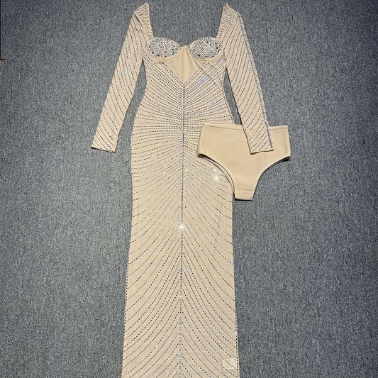 Elegant Nude Sequin Mesh Dress/Crystal Detailing  Long Sleeves/Square Collar Long Dresses High-end Events Party.