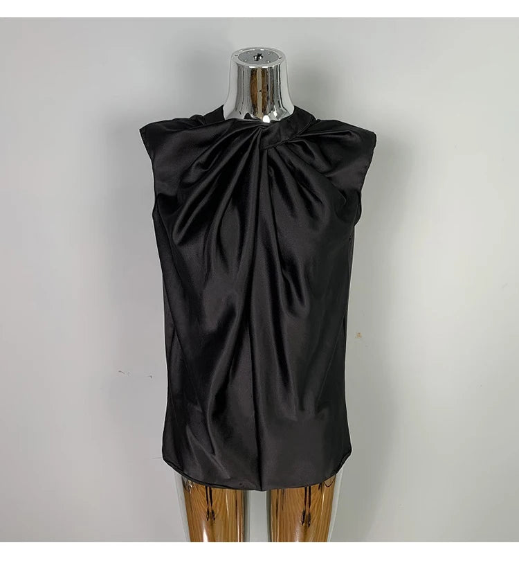 Women’s Satin Twist-Neck Sleeveless Blouse – Elegant Draped Office & Occasion Top
