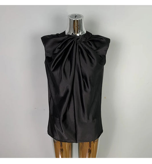 Women’s Satin Twist-Neck Sleeveless Blouse – Elegant Draped Office & Occasion Top