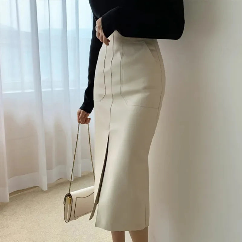 Modern Blend Boutique Women’s High-Waisted Faux Leather Midi Pencil Skirt – Elegant Front Slit, Slim Fit PU Leather Skirt, Timeless Chic Office & Evening Wear