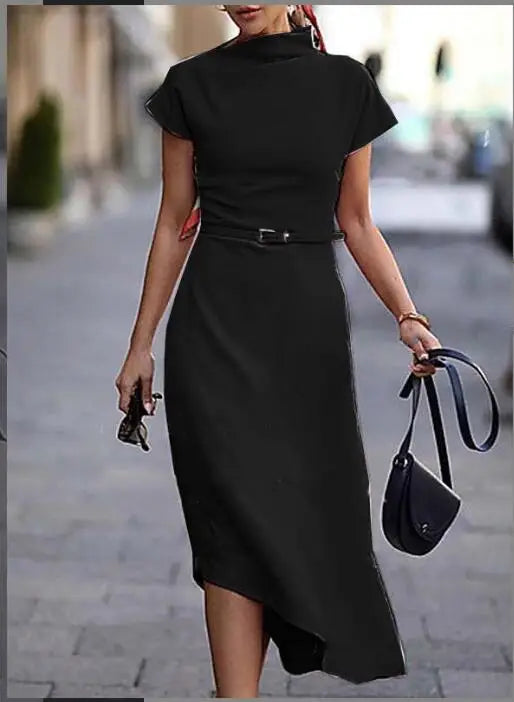 Short Sleeve Solid Midi Dress/England Style Chic Wear/Asymmetrical Dress/Solid Cow Neck Designed/Daywear Dress/Belt not Included.