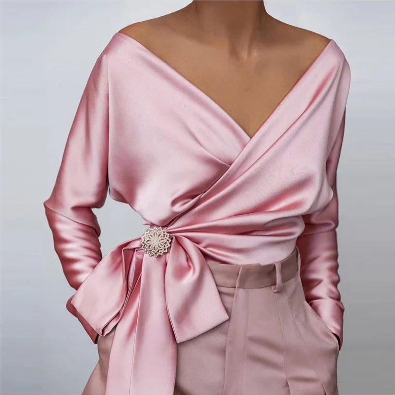 Satin Shirt Top Female/Sexy Fashion Solid Color V Neck Bow Tie Slim Fit T-shirt Blouse Streetwear.