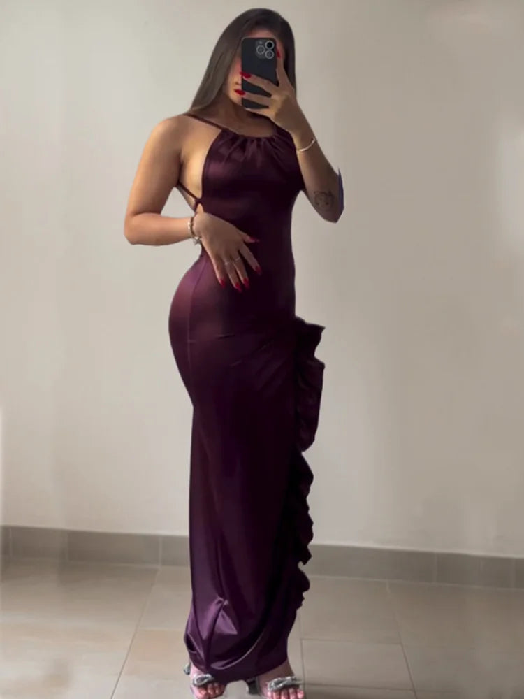 Burgundy Satin Ruched Maxi Dress – Open Back High Slit Spaghetti Strap Evening Gown for Women