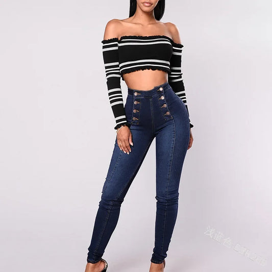 Luxury High-Waist Button Fly Skinny Jeans – Stretch Denim Body-Shaping Slim Fit Pants for Women (Blue & Black)