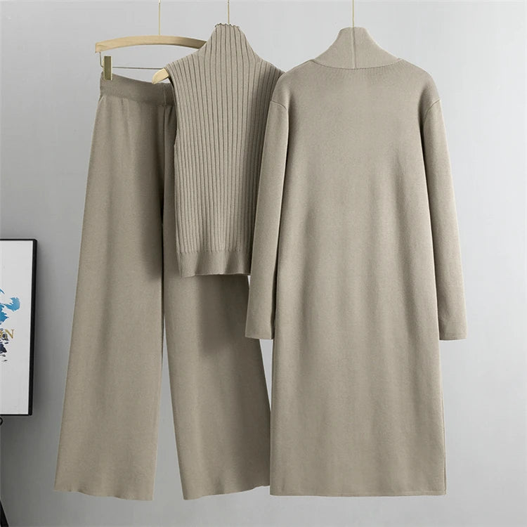 Women’s 3-Piece Knit Cardigan Set | Long Open-Front Coat, Sleeveless Turtleneck Top & Wide-Leg Pants | Fall Winter Lounge & Office Outfit