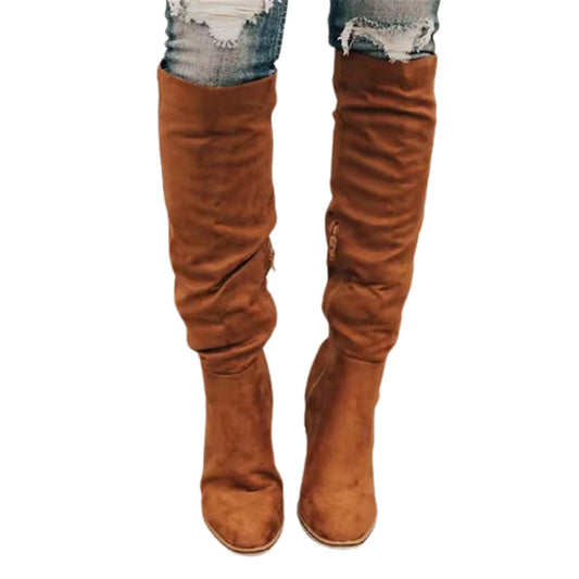 Women’s Knee-High Suede-Look Boots – Elegant Chunky Block Heel, Side-Zip Tall Boots, Fall & Winter