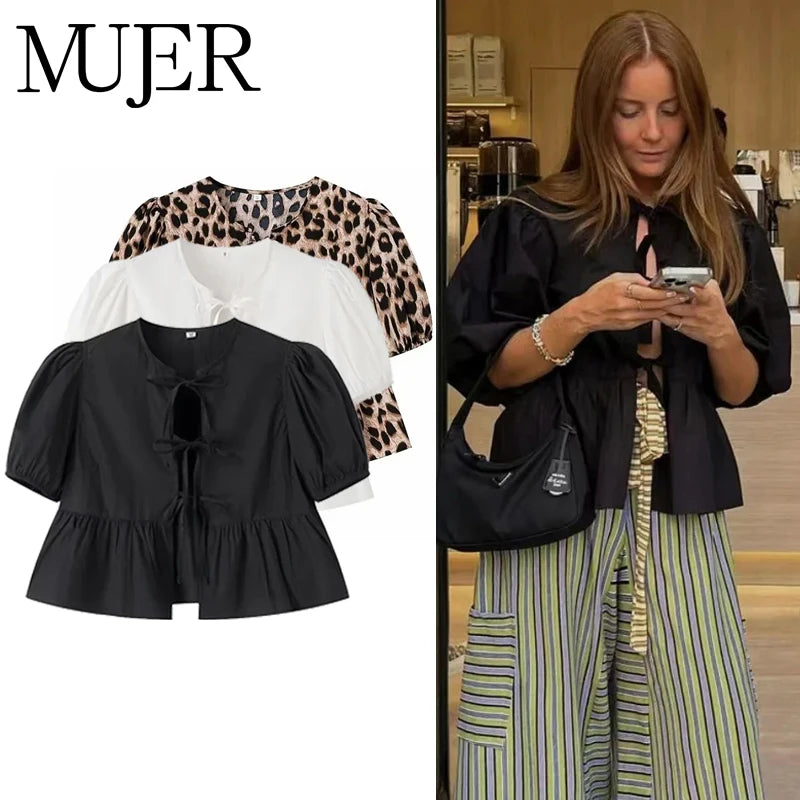 Styled Puff Up Sleeved Ruffle Blouses/Ruffle Ruched Crop Top Female/Polyester Half Sleeve Bow Tie.