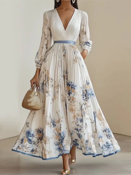 Stunning V-Neck Printed Dress/Long Sleeve V Neck/High Waist Lace-up Loose Dresses/Robe Femme Holiday.