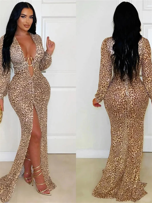 Luxury Leopard Print Cut-Out Maxi Dress – Deep V Long Sleeve Bodycon Gown