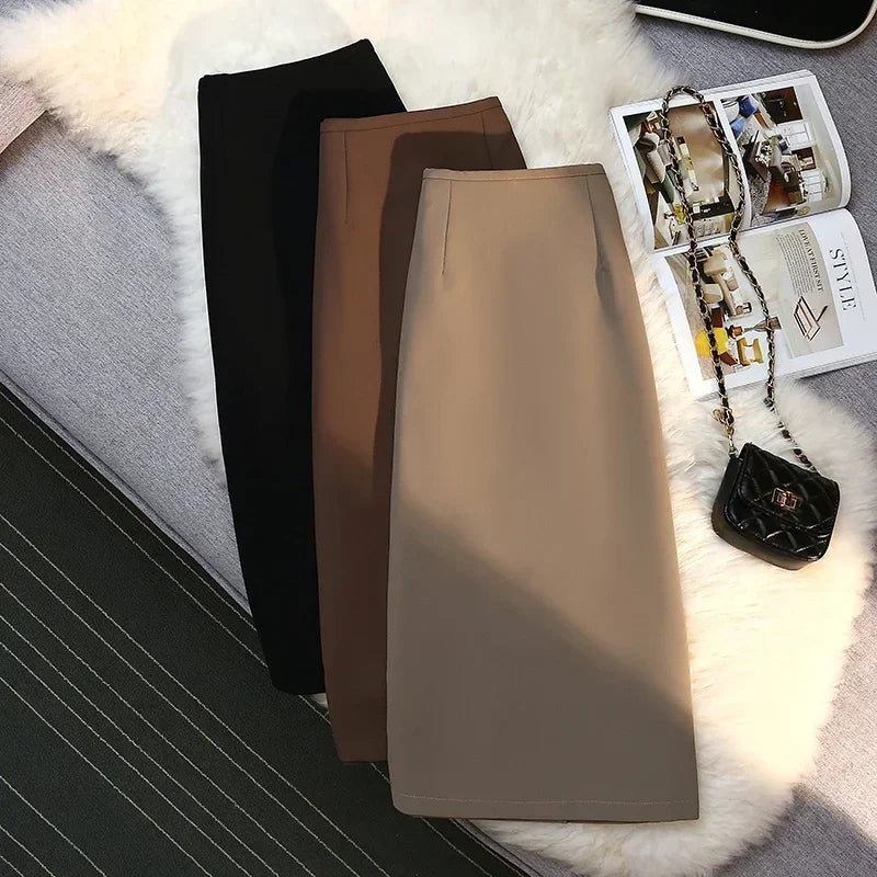 Fashion Mid~Calf  Elegant Formal Skirt’s/New Stretch High Waist Drape Suit Long Brown Skirt Zipper.