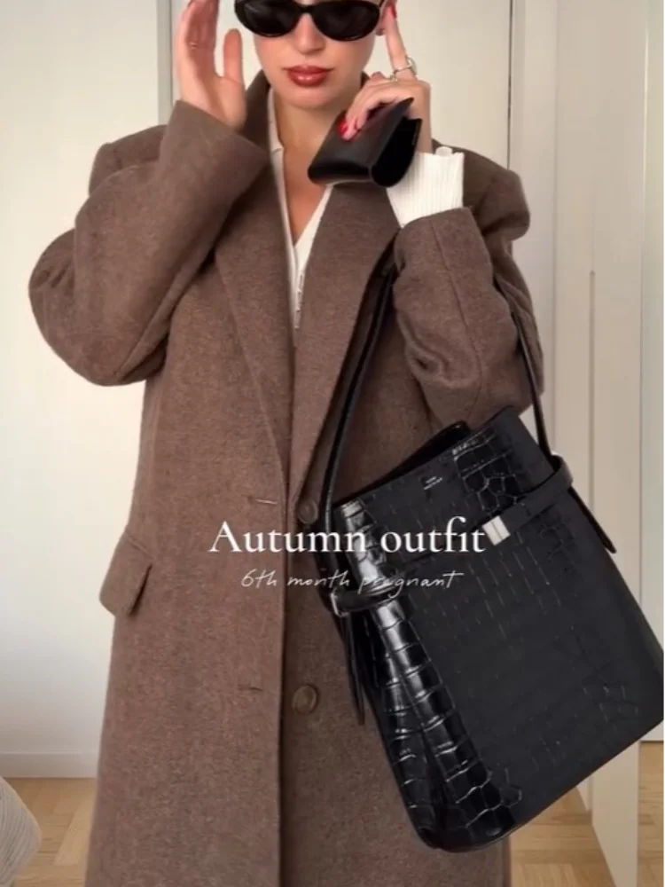 Classic Shoulder Pad Coat/Long Woolen Single Breasted Fit/Fashion Lapel/Single-breasted Long Sleeved Chic Coat/Autumn Commute Street Outerwear.