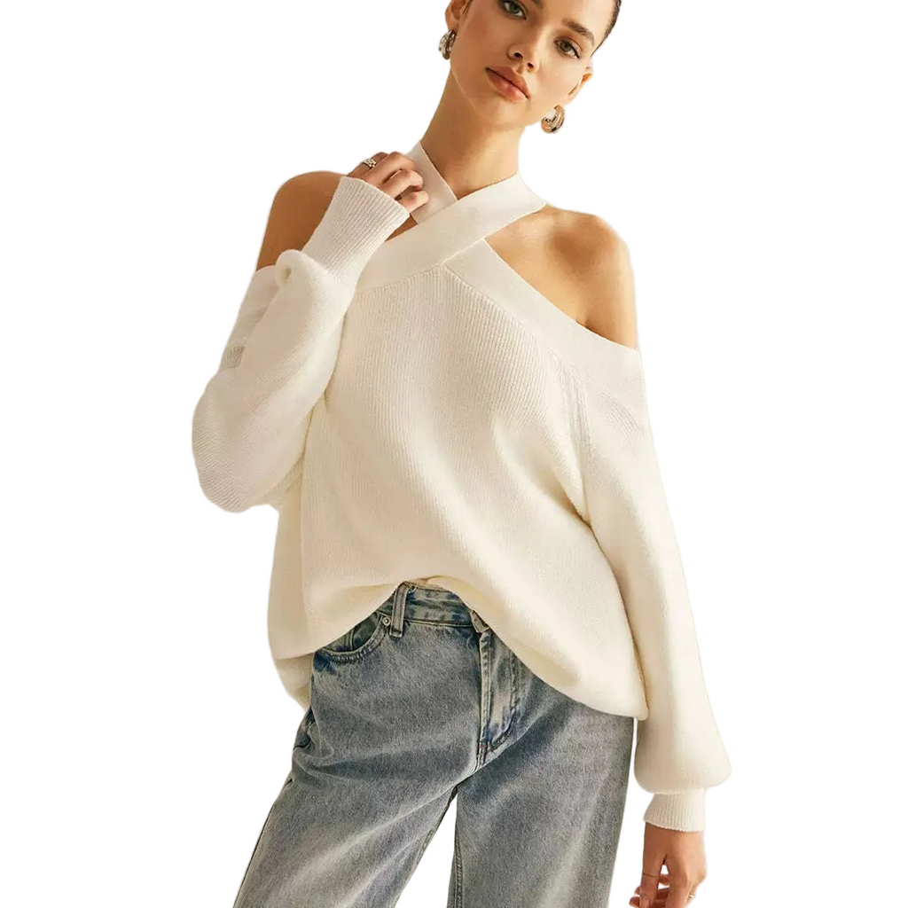 Loose fitted/Cross-Over Collar Cold-Shoulder Sweater/Off Shoulder Sweater/Loose Solid Color Halter Neck Long Sleeve Pullover Knitted Tops Casual Winter Fall Clothes.