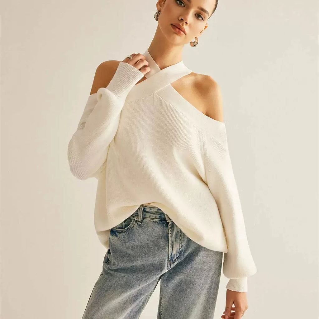 Loose fitted/Cross-Over Collar Cold-Shoulder Sweater/Off Shoulder Sweater/Loose Solid Color Halter Neck Long Sleeve Pullover Knitted Tops Casual Winter Fall Clothes.
