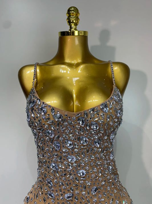 Luxury Rhinestones Sexy Mesh/See Through Bodycon Dress/Women Cocktail party Gown Red Carpet Club Stage Outfit.