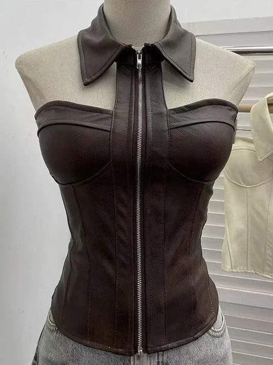 Luxury Halter Neck Corset Bustier Top with Collar & Front Zipper – Champagne Beige & Chocolate Brown Faux Leather Sculpted Top