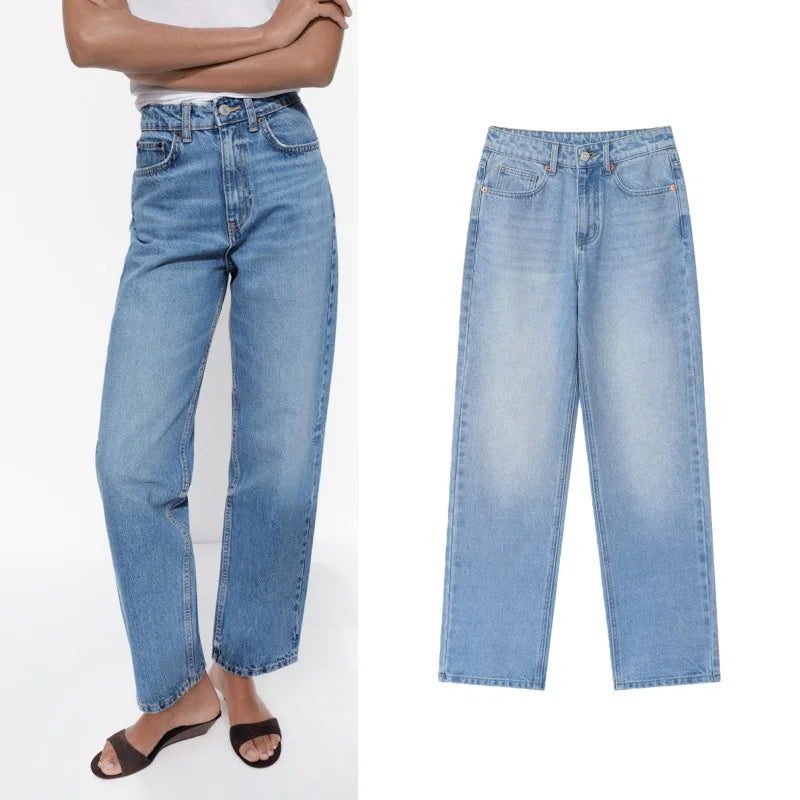 Women’s High-Waisted Straight-Leg Jeans – Classic Relaxed Fit Denim Pants