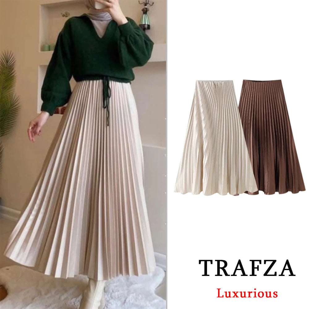 Autumn Skirt, Long Plaid Skirt/Tartan Midi Maxi Skirt/Vintage Swing Skirt/Line Flared Skirt/Fall Winter/TRAFZA Vintage Casual Pleated Long Skirts Women High Waist Pleated Long Satin Skirts Fashion.