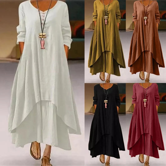 Oversized Linen Ginger Dresses/Bohemia Layering Vintage Robe/Long /Sleeve Loose Long Dress Female Autumn Vestidos.