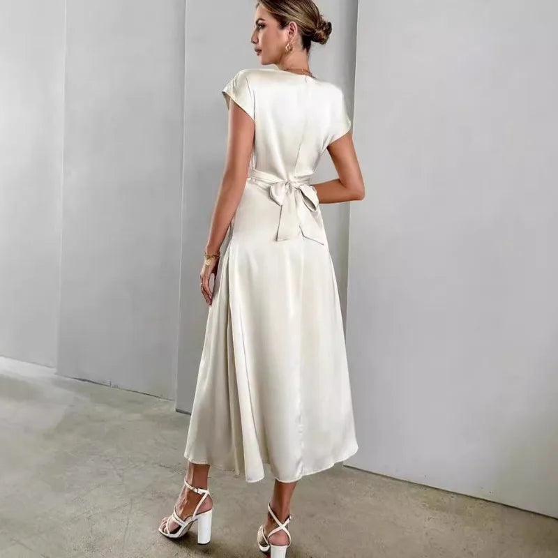 Elegant Corset Party Dress. Elegant Short Sleeve O Neck Bandage Satin Long Evening Guest Gala Cocktail Guest Dress